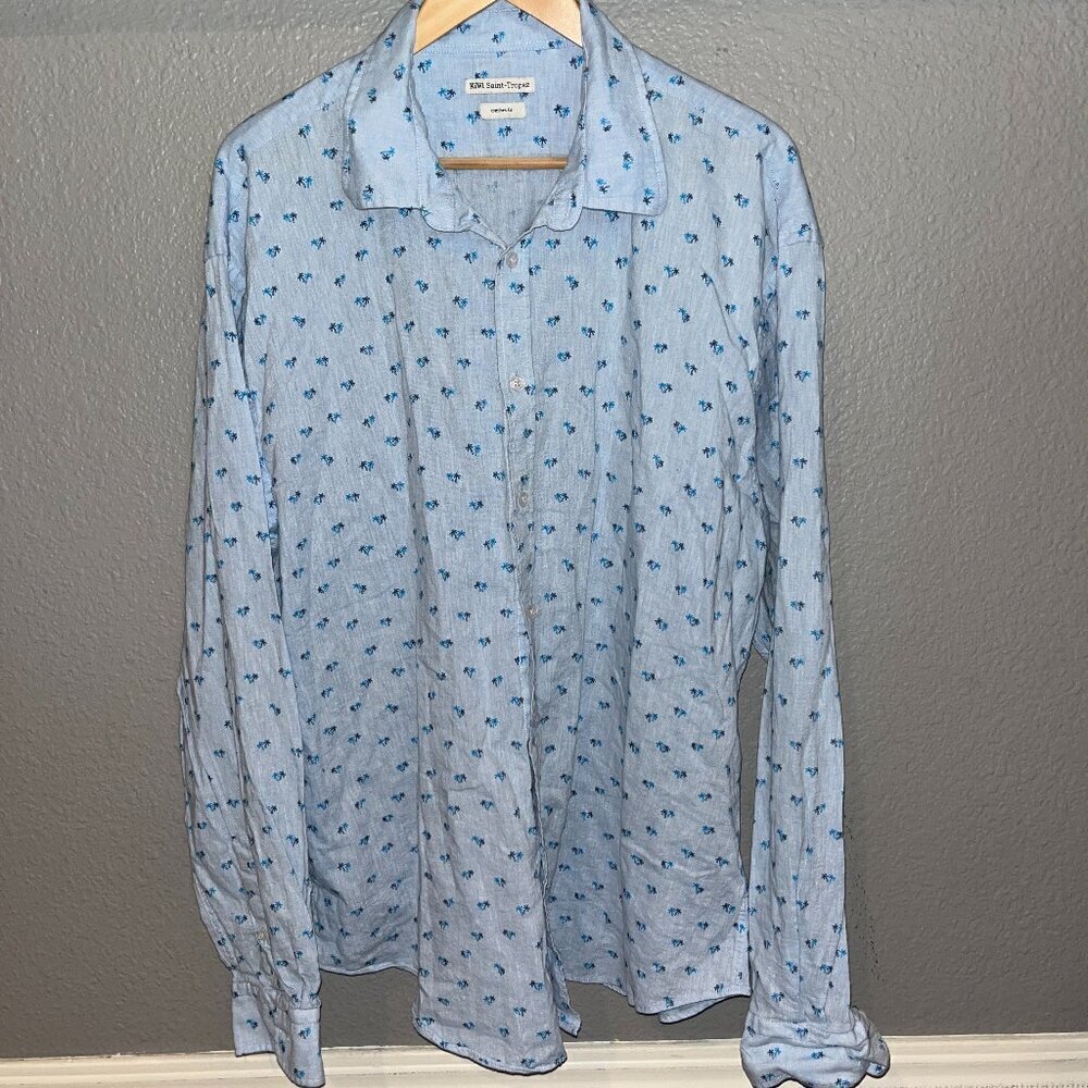 KiWi SAINT TROPEZ Comfort Fit Linen Blend Palm Tree Long Sleeve Shirt Men's XL